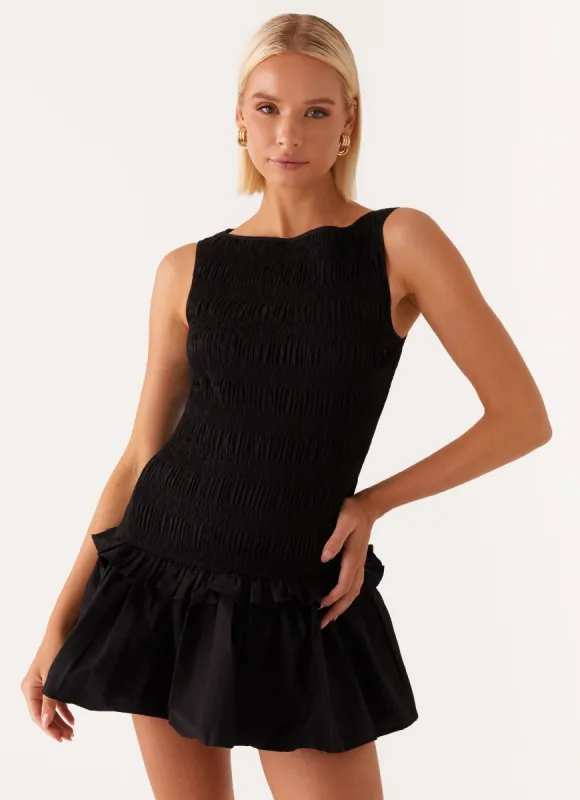 Garden Kisses Shirred Mini Dress - Black sold by Peppermayo