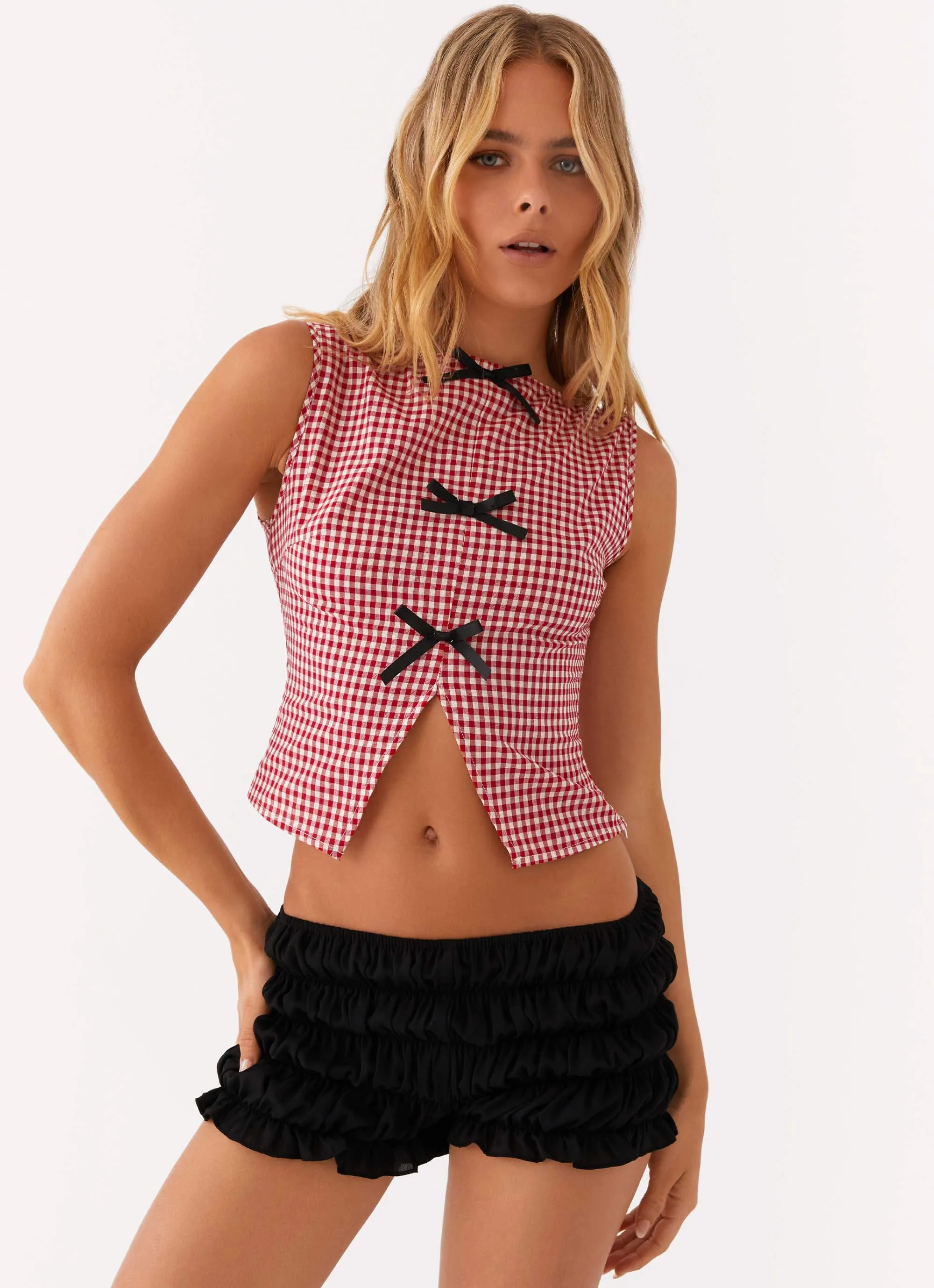 Quincy Top - Maroon Gingham sold by Peppermayo