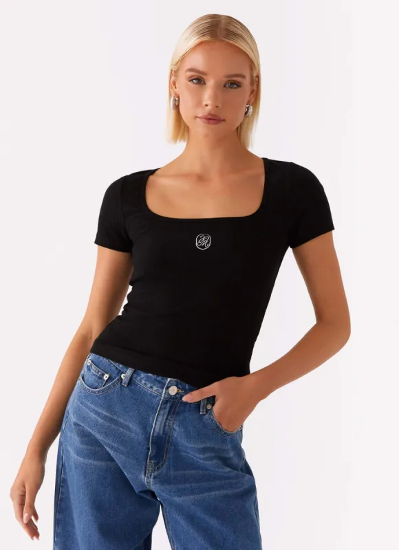 Signature Monogram Square Neck Top - Black made by Peppermayo