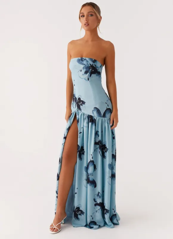 Eden Strapless Maxi Dress - Blue Black Floral sold by Peppermayo