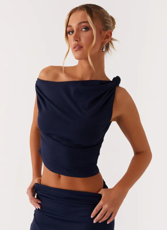 Viola Twist Shoulder Top - Navy sold by Peppermayo
