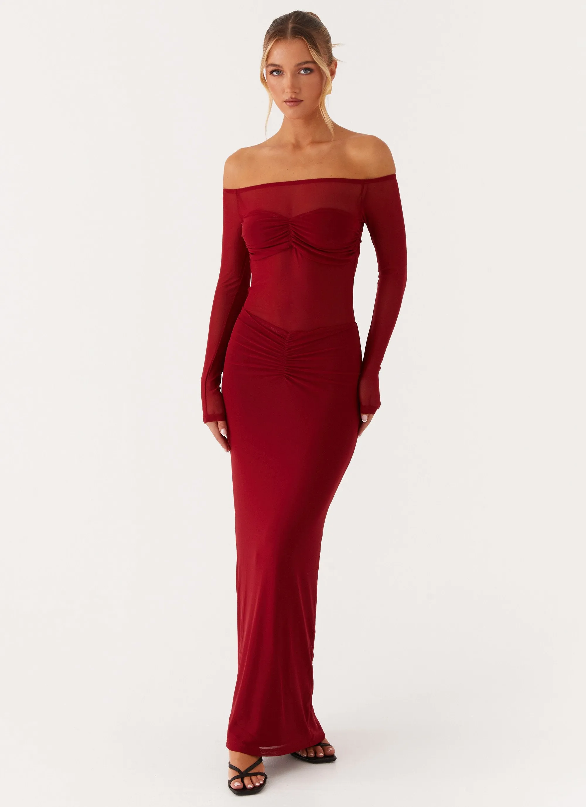 Divine Beauty Mesh Maxi Dress - Maroon sold by Peppermayo
