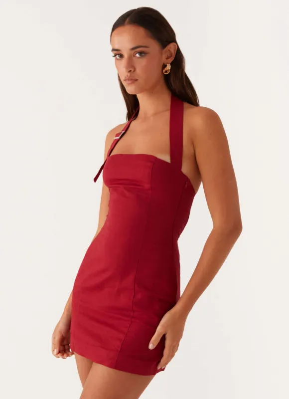 Julianna Linen Mini Dress - Maroon sold by Peppermayo