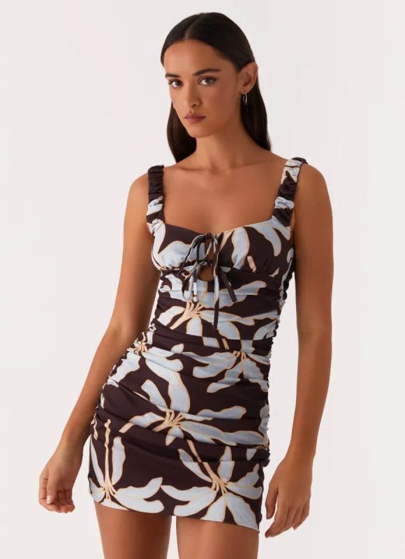 Sweet Melody Ruched Mini Dress - Opulent Brown sold by Peppermayo