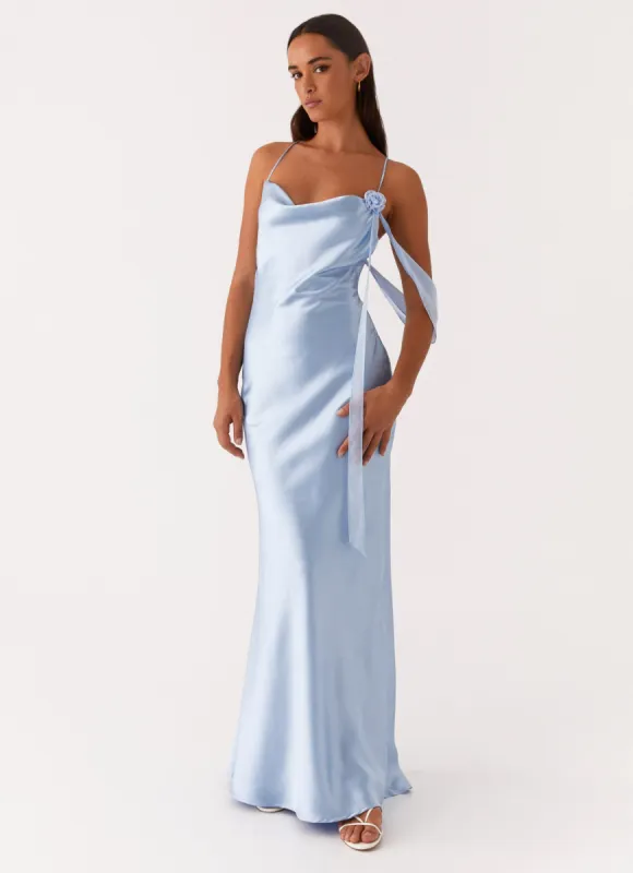 Too Sweet Satin Maxi Dress - Blue sold by Peppermayo
