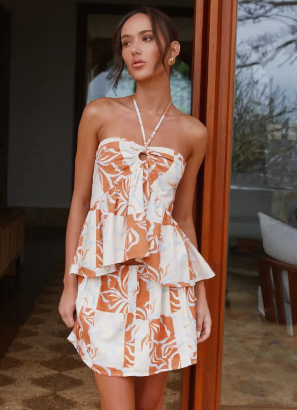 Athena Drawstring Mini Skirt - Orange Blue Floral sold by Peppermayo