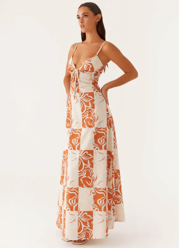 Flora Linen Maxi Dress - Orange Blue Floral sold by Peppermayo