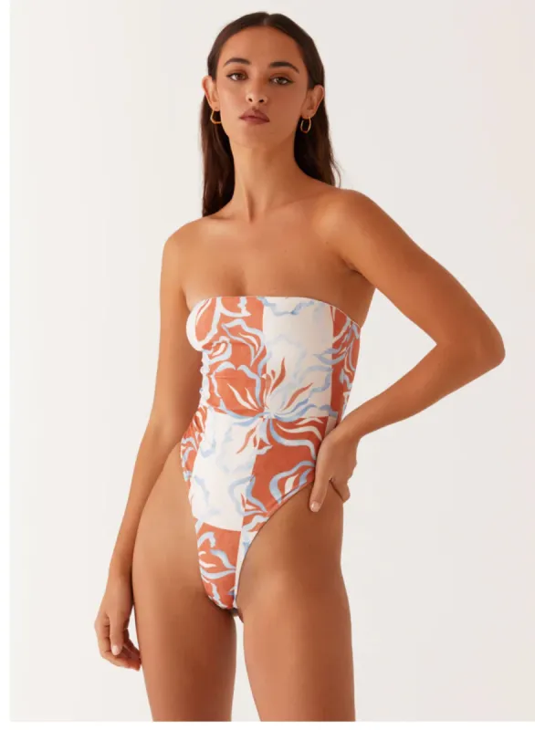 Maxine Strapless One Piece Swimsuit - Orange Blue Floral sold by Peppermayo