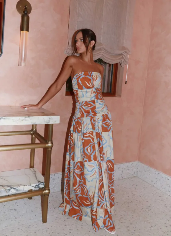 Carmel Maxi Dress - Orange Blue Floral sold by Peppermayo