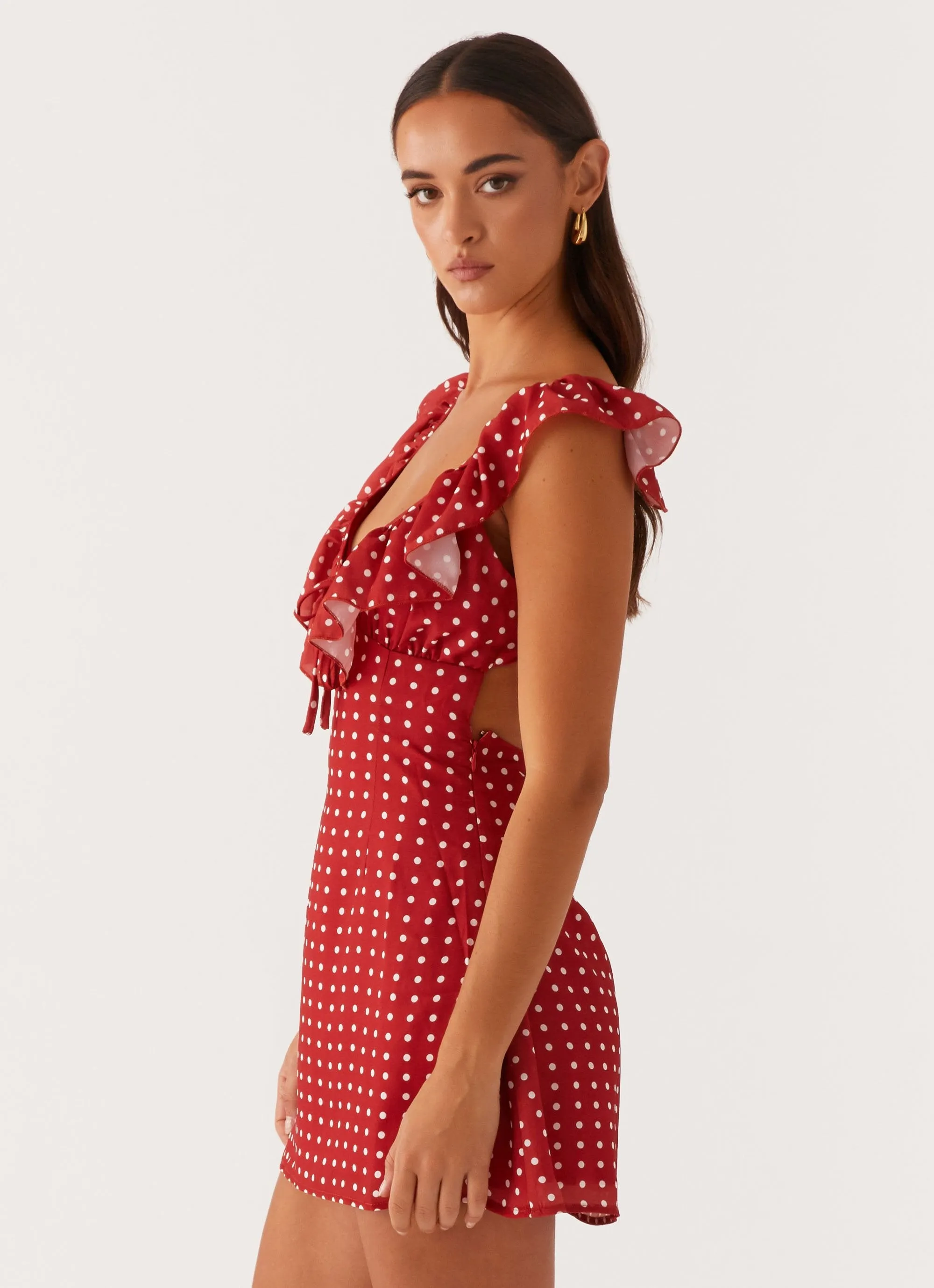 Adrina Ruffle Mini Dress - Red Polka Dot sold by Peppermayo product image thumbnail 4
