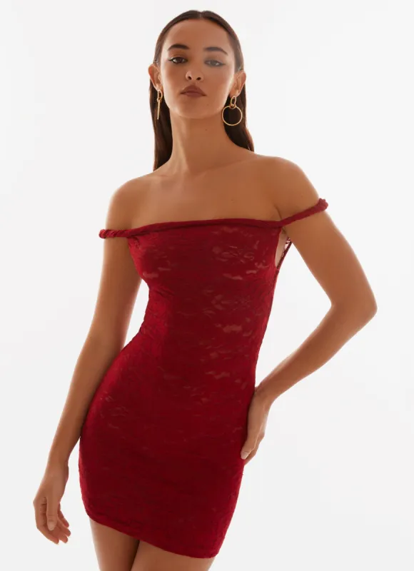 Arabella Lace Twist Shoulder Mini Dress - Red sold by Peppermayo