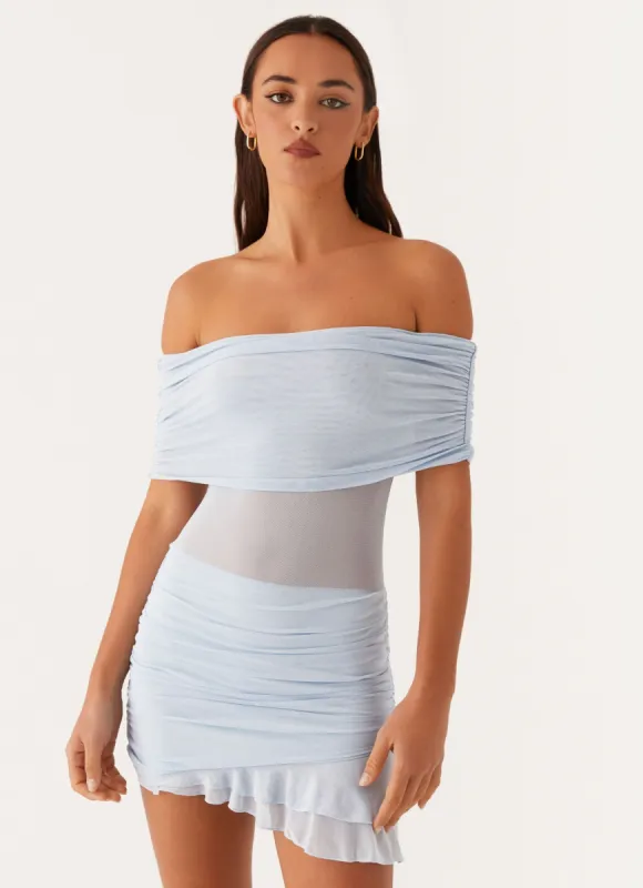 Nelly Off Shoulder Mini Dress - Blue sold by Peppermayo