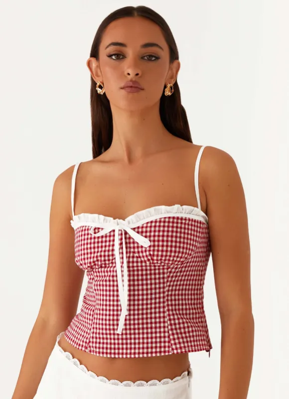 Palmer Ruffle Bustier Top - Red Gingham sold by Peppermayo