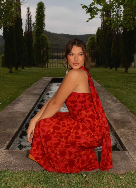 Under The Pagoda Maxi Dress - Deep Red Floral sold by Peppermayo