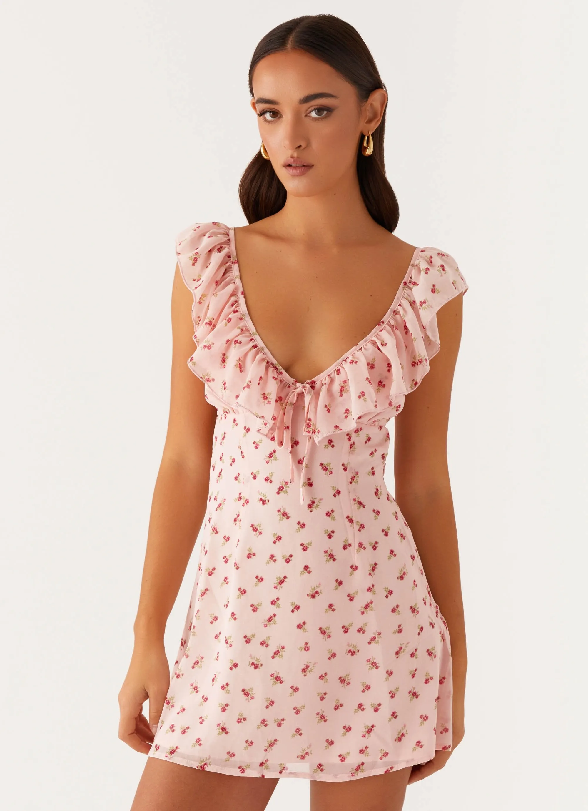Adrina Ruffle Mini Dress - Pink Flower sold by Peppermayo
