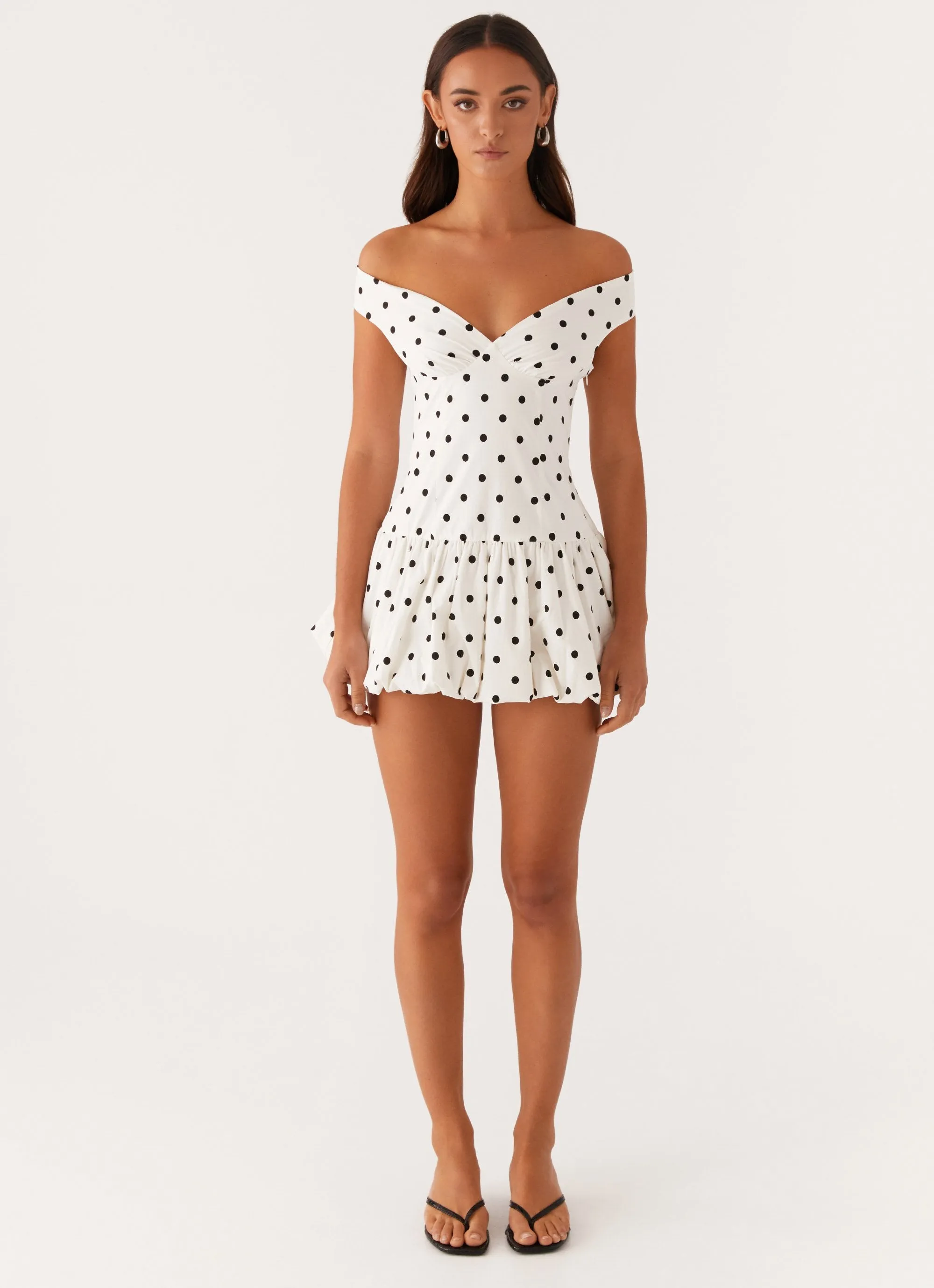 Endless Romance Off Shoulder Mini Dress - White Polka Dot sold by Peppermayo product image thumbnail 3