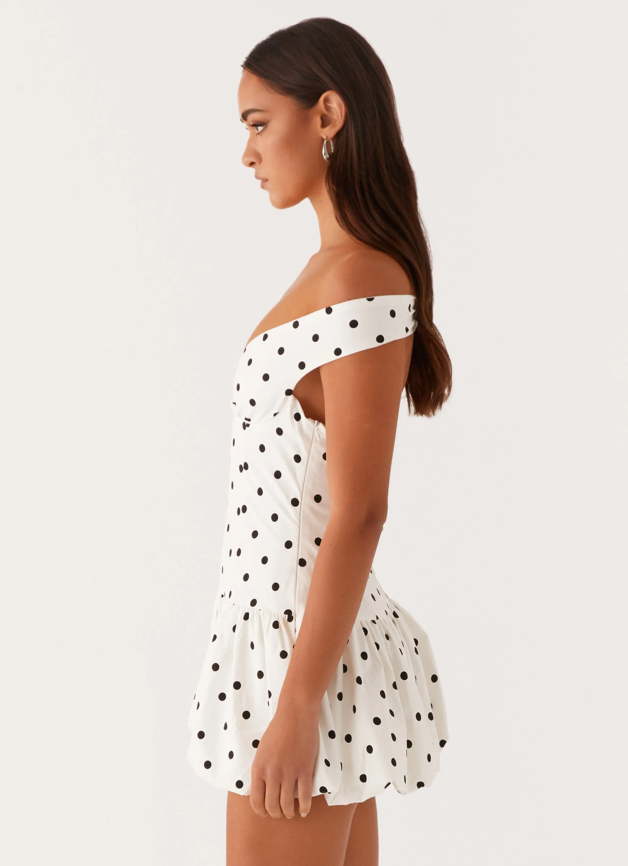 Endless Romance Off Shoulder Mini Dress - White Polka Dot sold by Peppermayo product image thumbnail 4