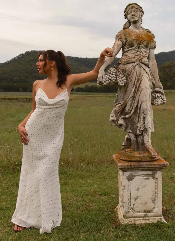 Alianna Cowl Neck Mesh Maxi Dress - White Polka Dot sold by Peppermayo