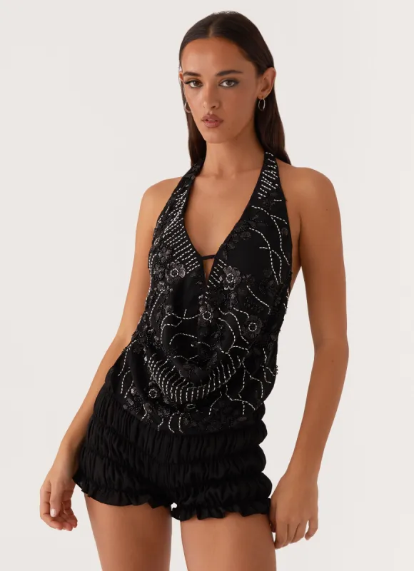 Gail Beaded Cowl Halterneck Top - Black sold by Peppermayo