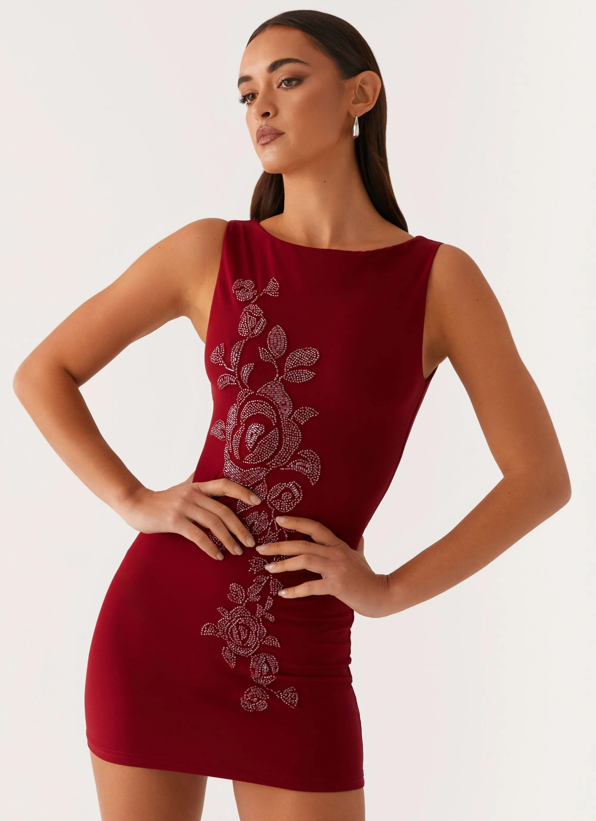 Matteo Beaded Mesh Mini Dress - Deep Red sold by Peppermayo