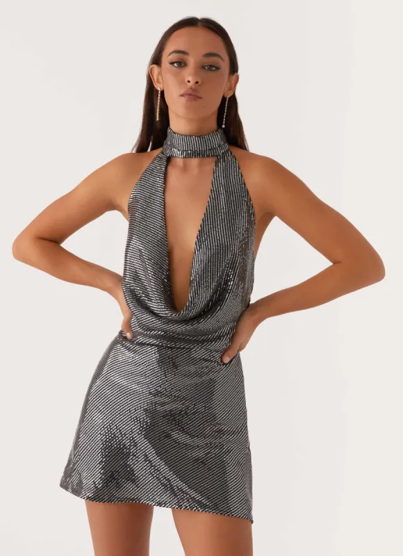 Nora Sequin Cowl Neck Mini Dress - Black sold by Peppermayo
