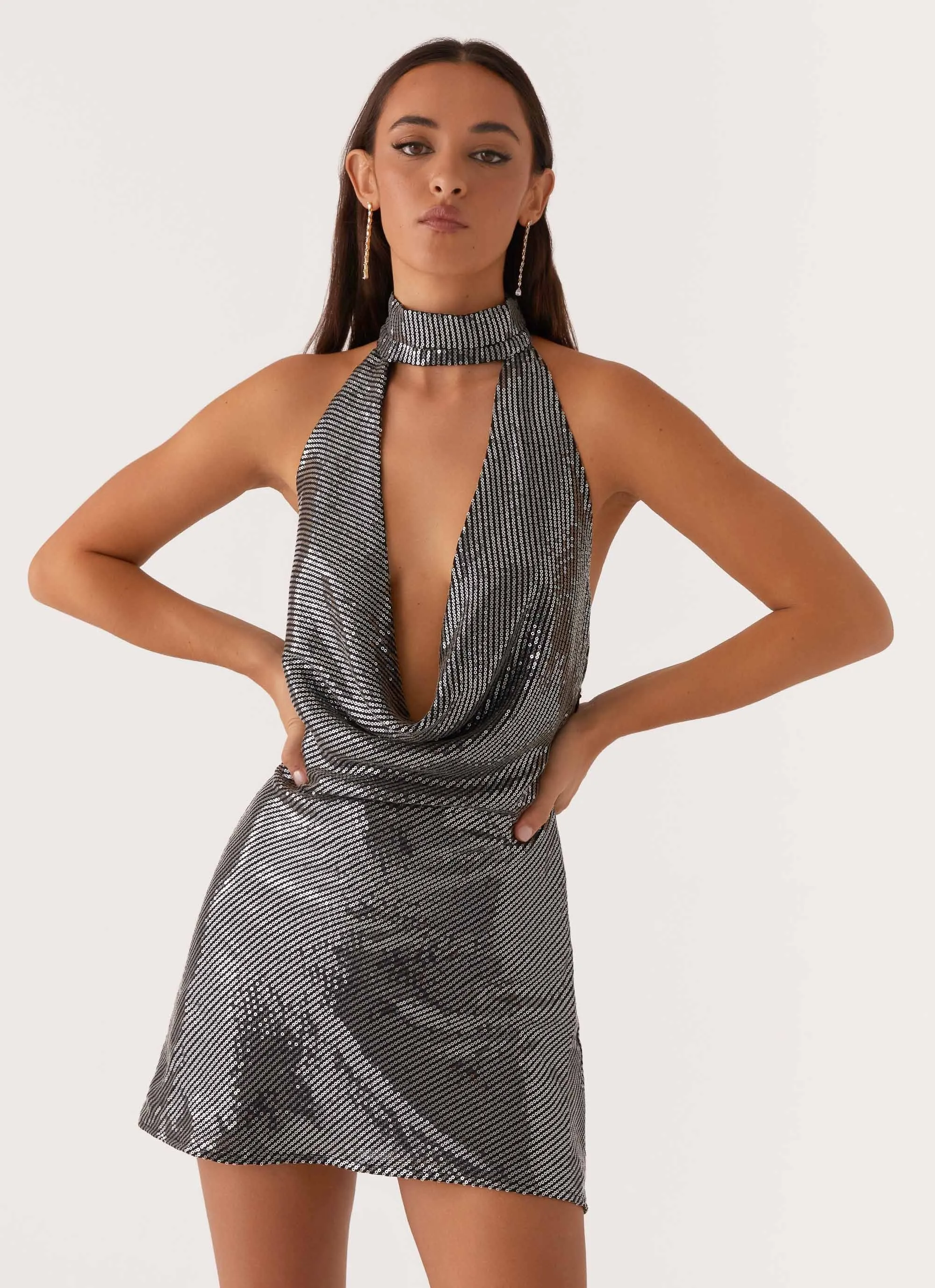 Nora Sequin Cowl Neck Mini Dress - Black sold by Peppermayo