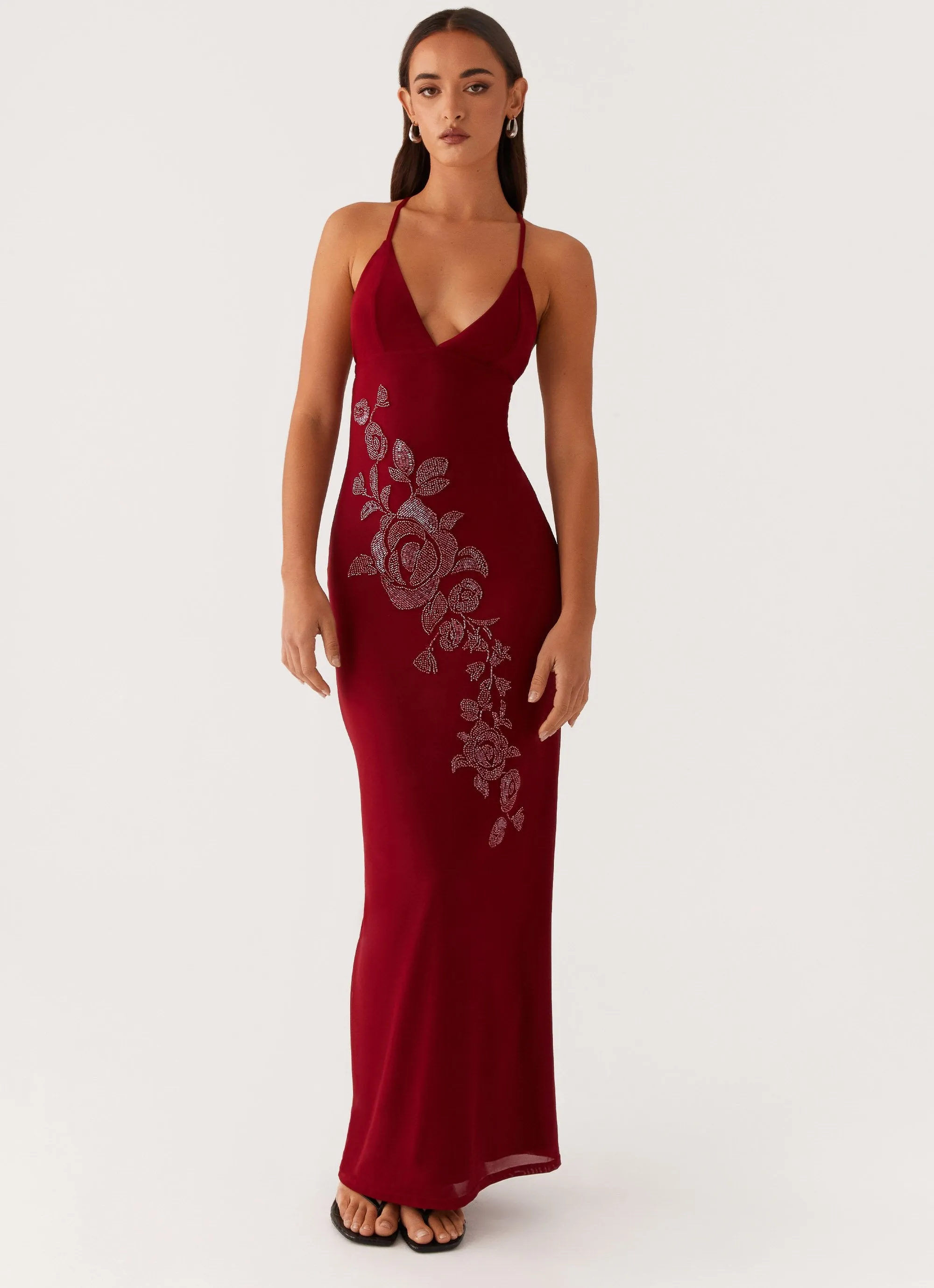 Beki Beaded Mesh Maxi Dress - Deep Red sold by Peppermayo