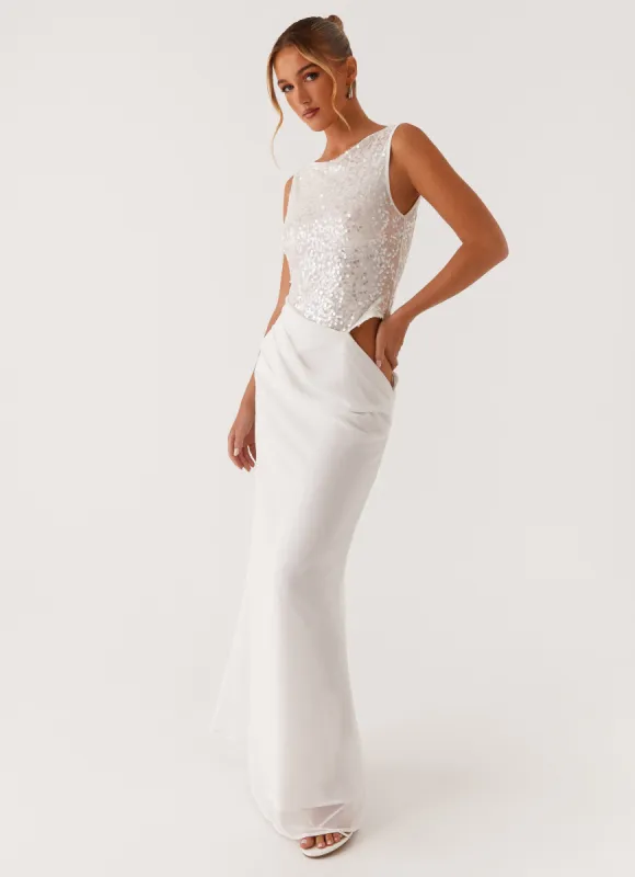 Above Ground Sequin Maxi Dress - White sold by Peppermayo