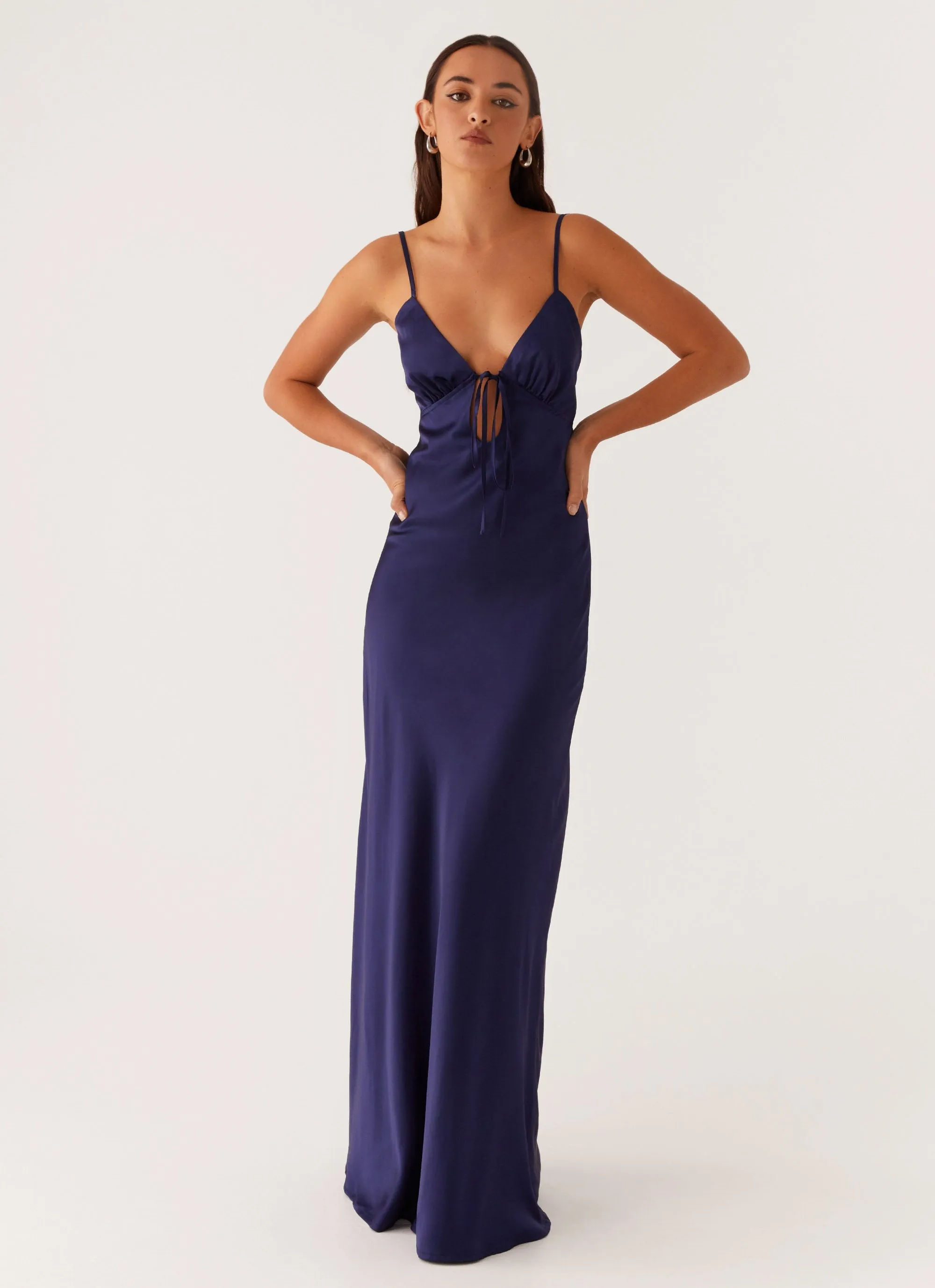 Flora Satin Maxi Dress - Navy sold by Peppermayo