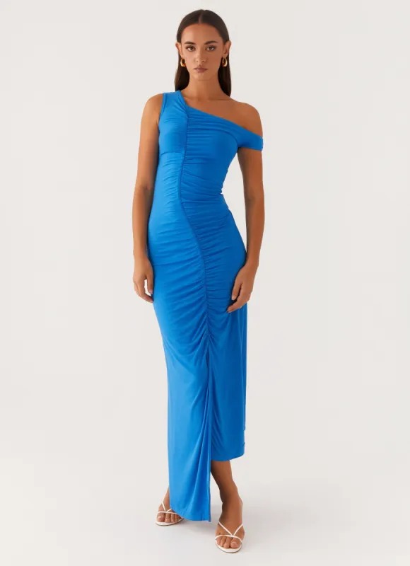 Anaya Ruched Asymmetrical Maxi Dress - Azure made by Peppermayo