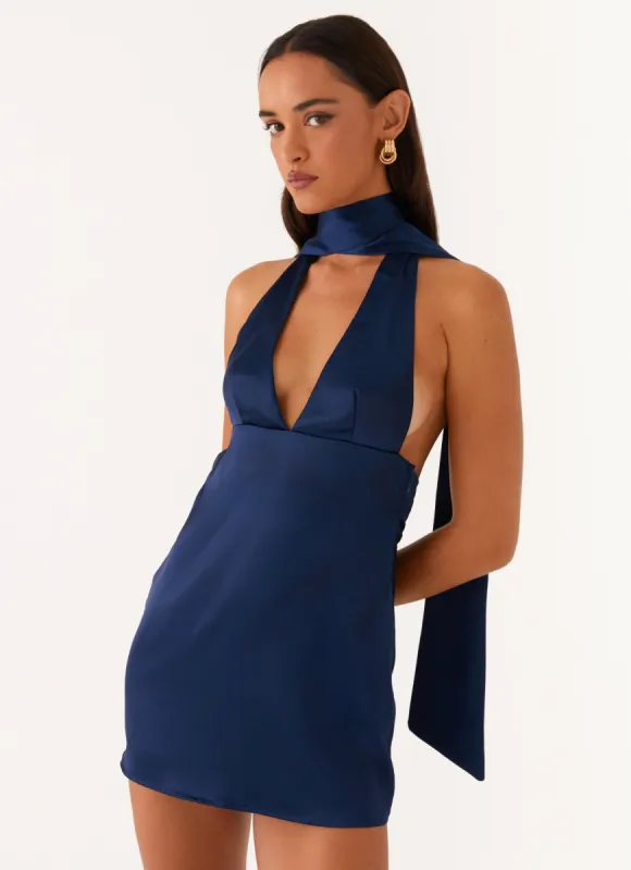 Alicia Satin Halter Mini Dress - Navy sold by Peppermayo