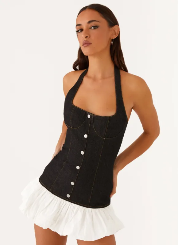 Georgina Denim Mini Dress - Black sold by Peppermayo