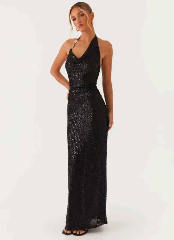 After Tonight Sequin Cowl Neck Maxi Dress - Black sold by Peppermayo