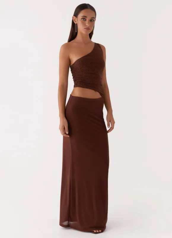 Seranella Sequin One Shoulder Maxi Dress - Chocolate sold by Peppermayo