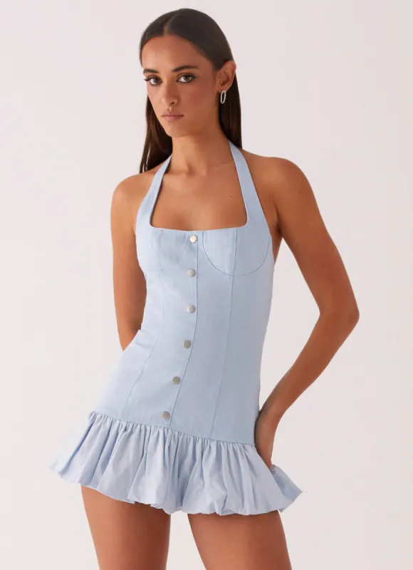 Georgina Denim Mini Dress - Light Blue sold by Peppermayo