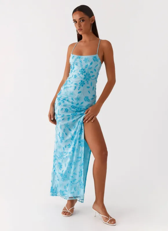 Bright Lights Beaded Maxi Dress - Blue sold by Peppermayo