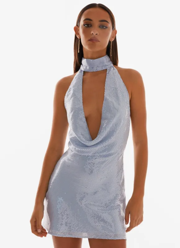 Nora Sequin Cowl Neck Mini Dress - Blue sold by Peppermayo