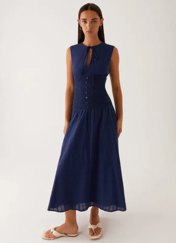 Belle Shirred Waist Midi Dress - Navy sold by Peppermayo