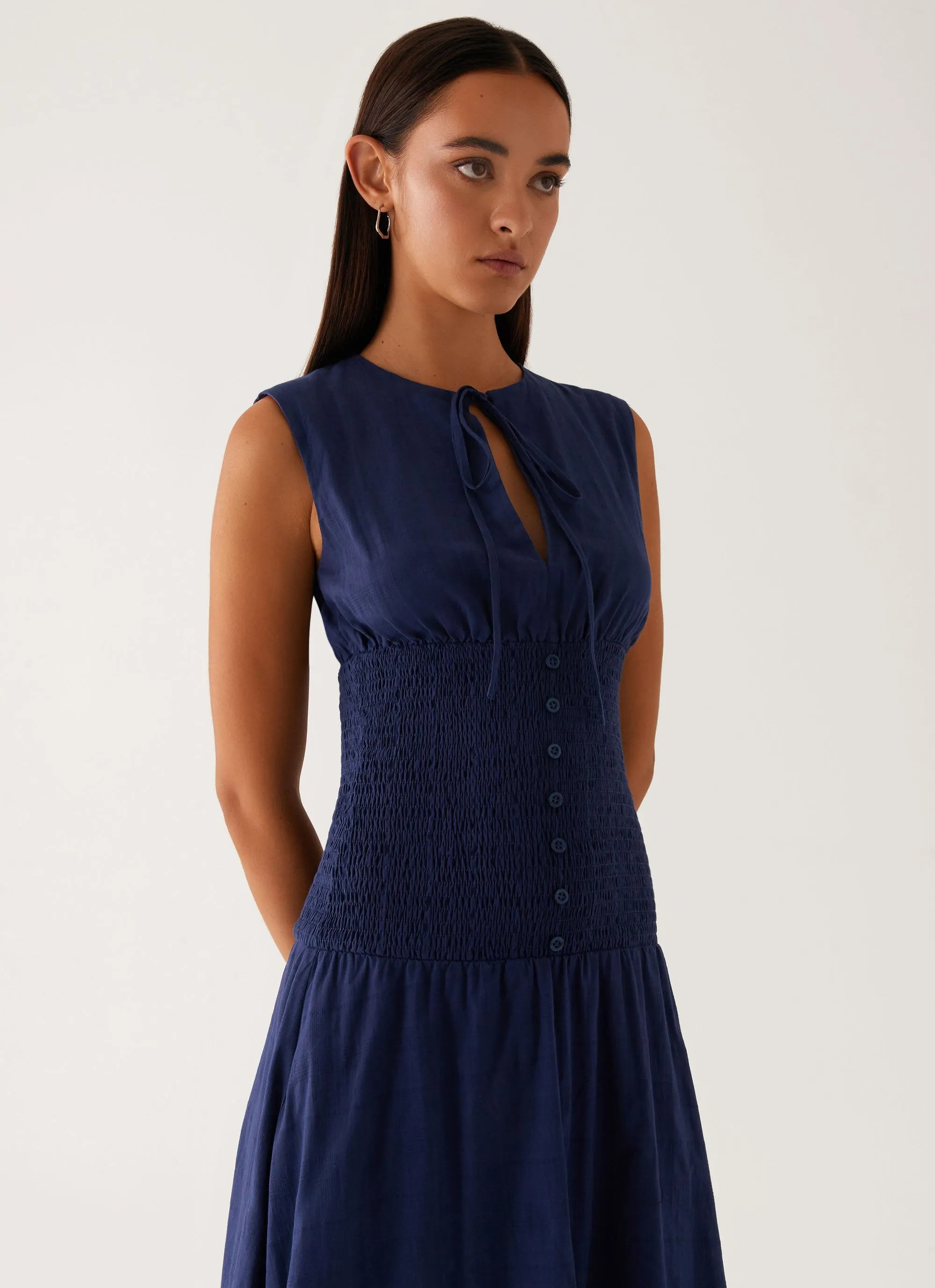 Belle Shirred Waist Midi Dress - Navy sold by Peppermayo product image thumbnail 5