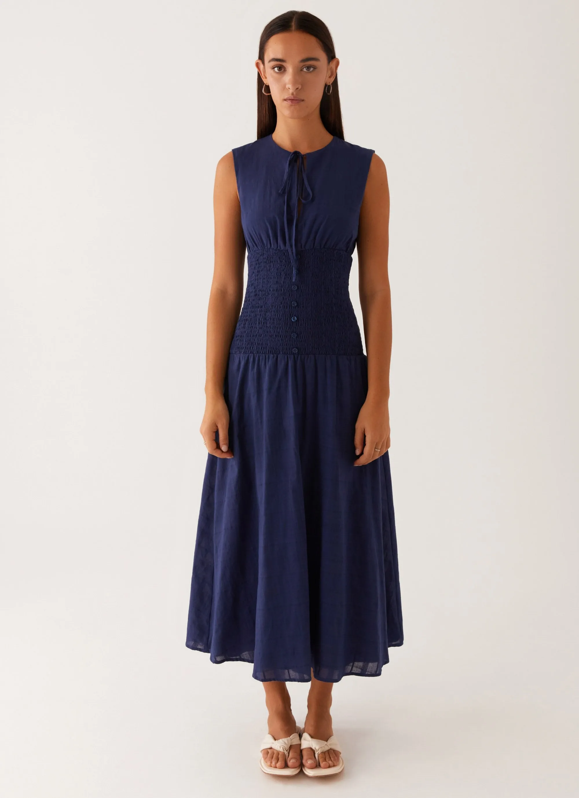 Belle Shirred Waist Midi Dress - Navy sold by Peppermayo product image thumbnail 2