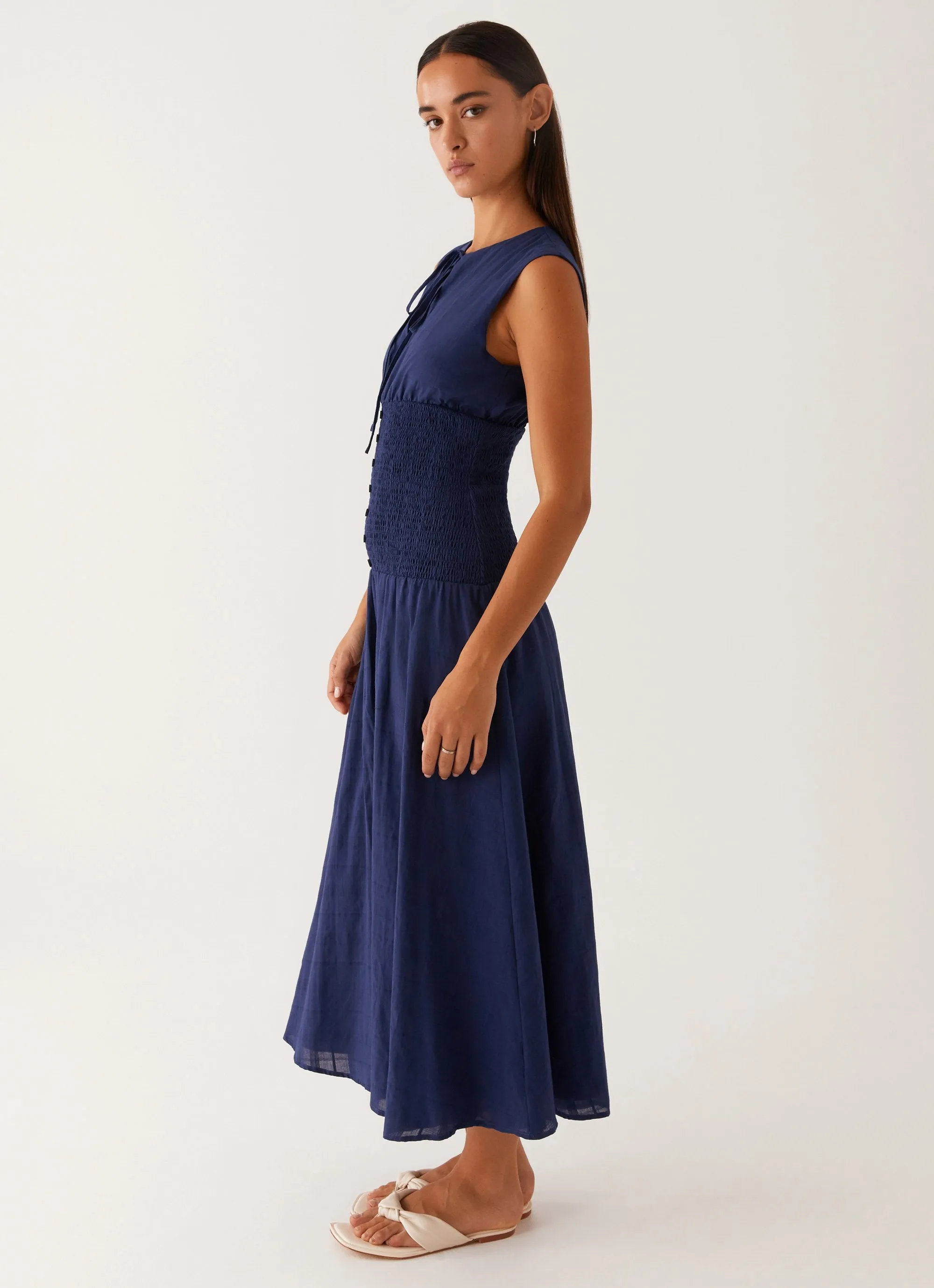 Belle Shirred Waist Midi Dress - Navy sold by Peppermayo product image thumbnail 3