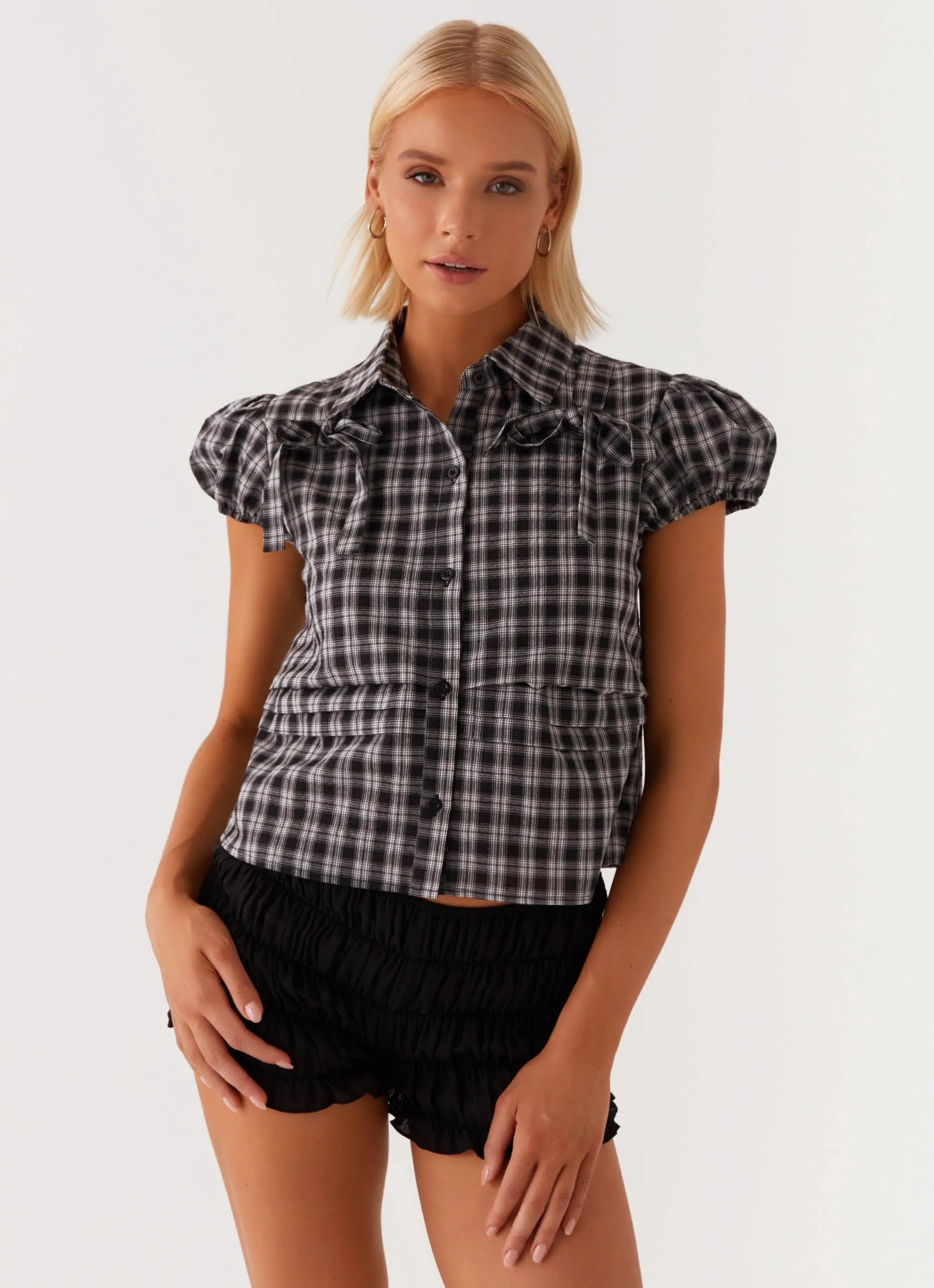 Lorraine Puff Sleeve Top - Black White Check sold by Peppermayo