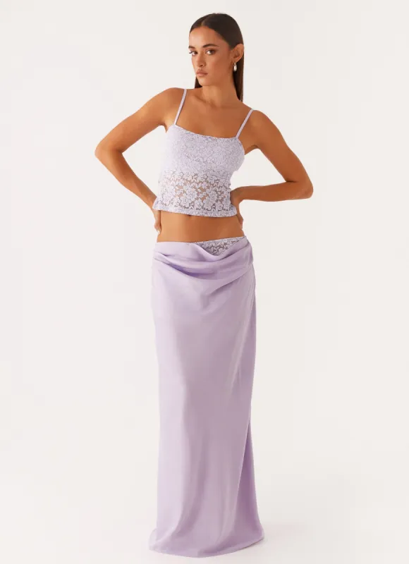 Nancy Lace Satin Maxi Skirt - Lilac sold by Peppermayo
