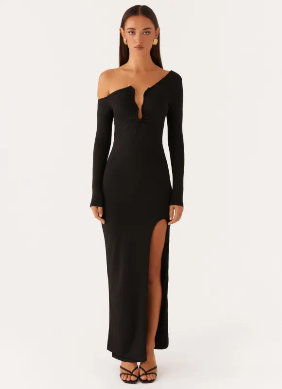 Claudette Asymmetric Long Sleeve Maxi Dress - Black made by Peppermayo