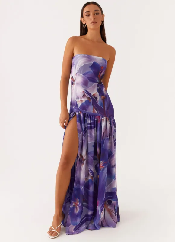 Eden Strapless Maxi Dress - Purple White Lilly sold by Peppermayo
