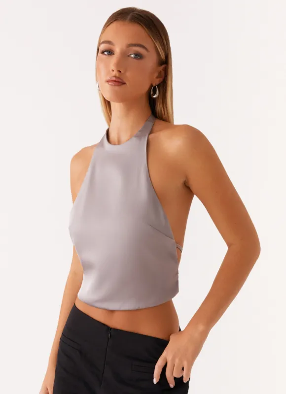 Bree Satin Halterneck Top - Grey sold by Peppermayo
