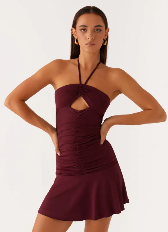 Katrina Halterneck Mini Dress - Deep Maroon sold by Peppermayo