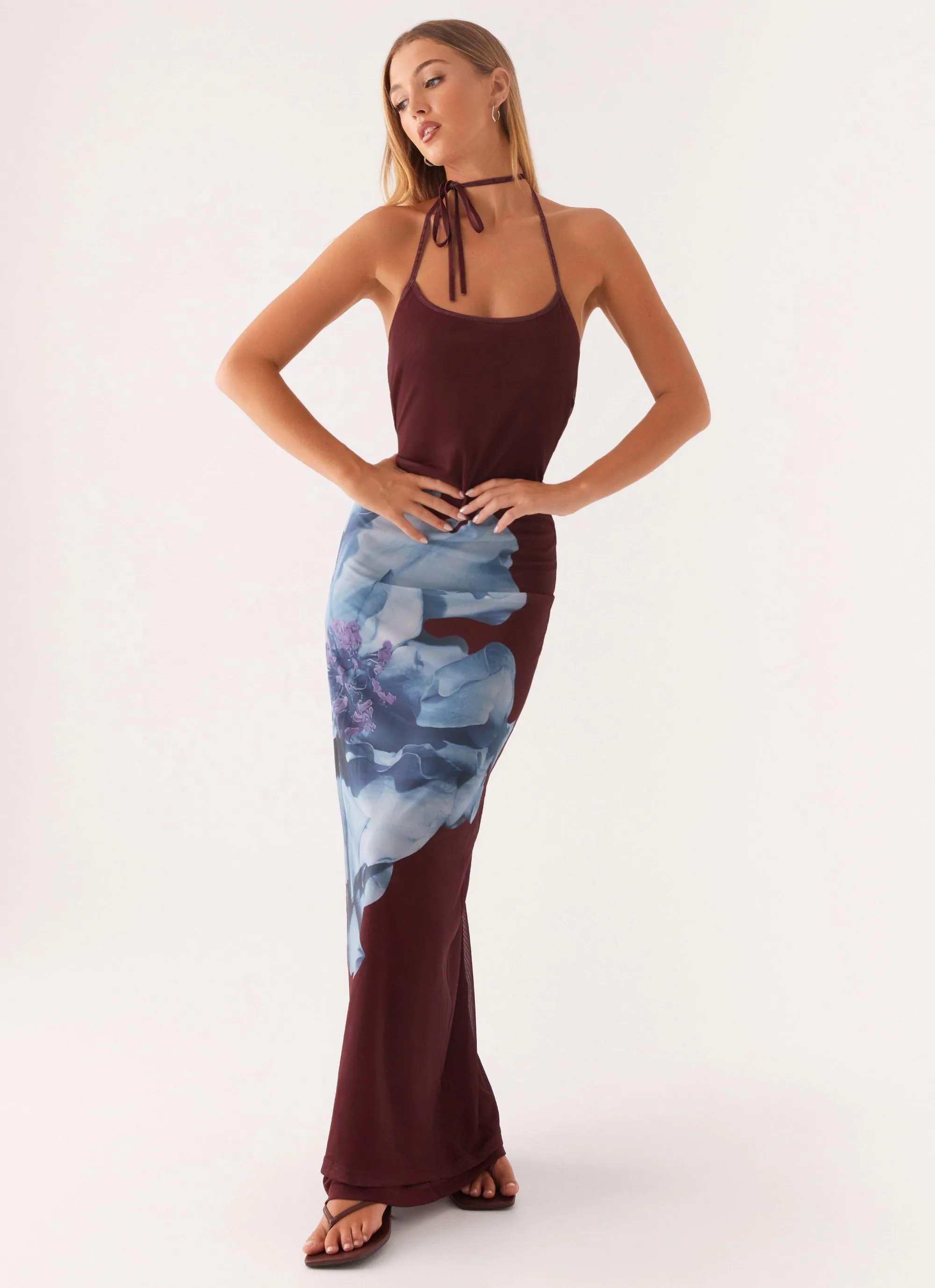 Dayana Halterneck Maxi Dress - Maroon Print sold by Peppermayo