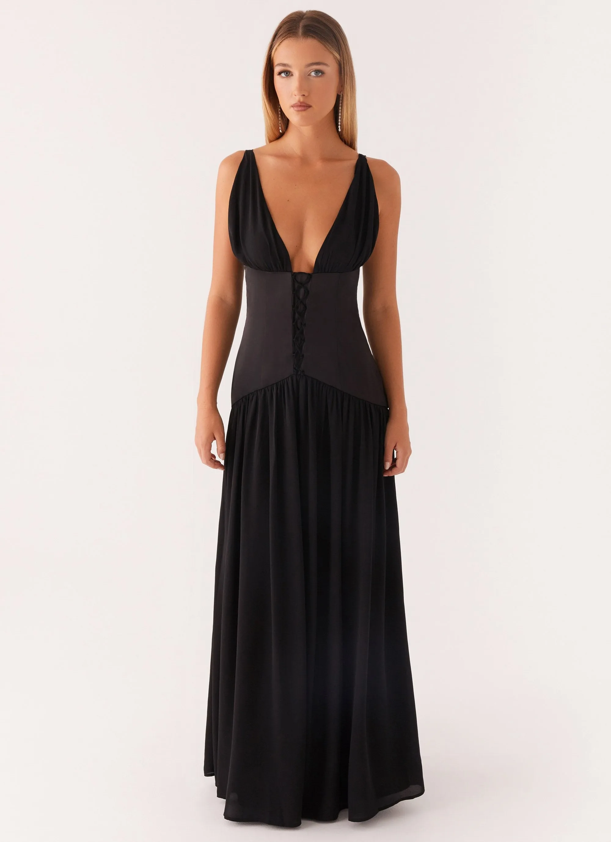 Dafina Satin Maxi Dress - Black sold by Peppermayo