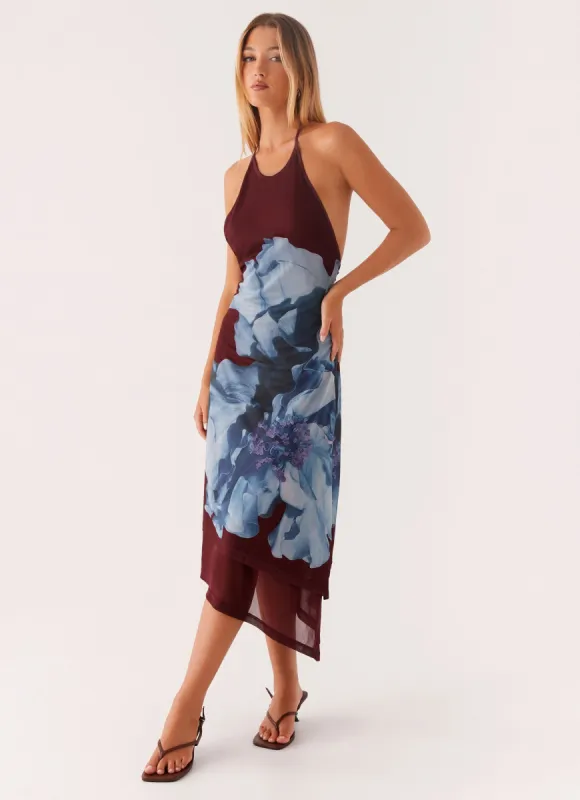 Brinley Halterneck Midi Dress - Maroon Print sold by Peppermayo